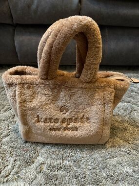 kate spade tan plush teddy mini tote with gold accents